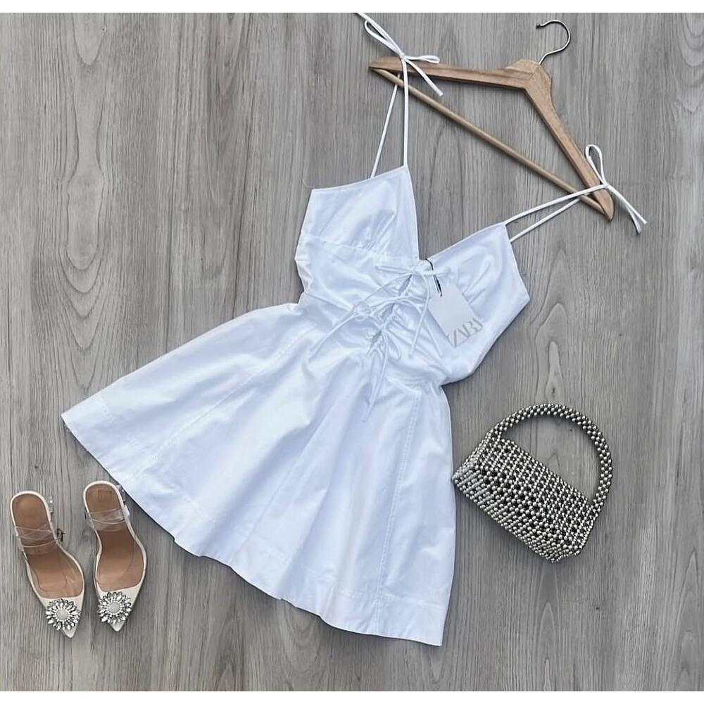 Zara NWT White Lace Up Cotton Mini Dress Sundress M L - Picture 16 of 16